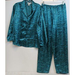 Morgan Taylor Intimates Teal Blue Satin 2 Pc PJ Set sz S Geometric Collar Button